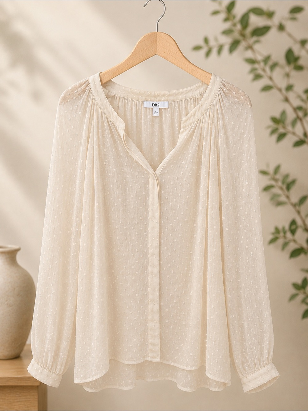 DR2 Cream Swiss Dot Sheer Blouse Romantic Boho Top L